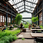**

A wide shot of a transformed abandoned factory, now a vibrant tourist destination. The scene blends old industrial architecture with modern elements like outdoor seating for restaurants and art installations. Lush greenery surrounds the building, showing a commitment to environmental sustainability. People are seen enjoying the space, highlighting the revitalization of the area.

**