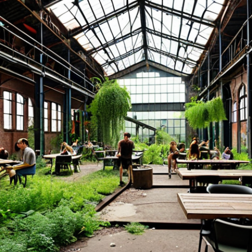 Home 4 **
A wide shot of a transformed abandoned factory, now a vibrant tourist destination. The scene blends old industrial architecture with modern elements like outdoor seating for restaurants and art installations. Lush greenery surrounds the building, showing a commitment to environmental sustainability. People are seen enjoying the space, highlighting the revitalization of the area.
**