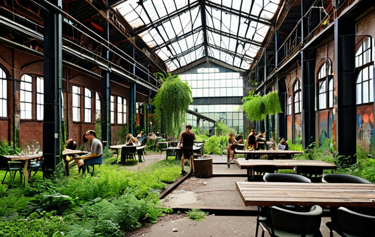 **
A wide shot of a transformed abandoned factory, now a vibrant tourist destination. The scene blends old industrial architecture with modern elements like outdoor seating for restaurants and art installations. Lush greenery surrounds the building, showing a commitment to environmental sustainability. People are seen enjoying the space, highlighting the revitalization of the area.
**