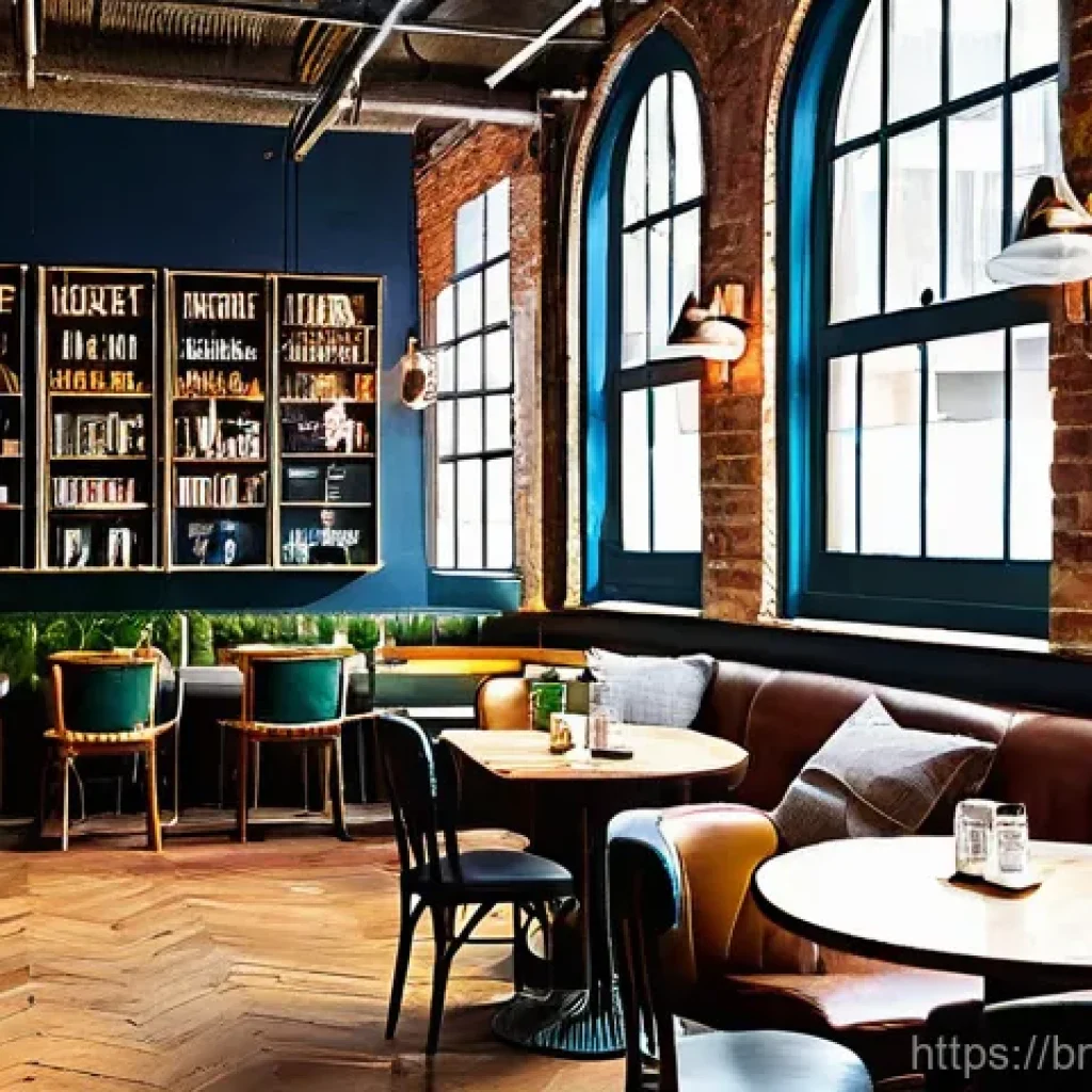 전환된 폐공간의 경제적 수익 모델 - **A vibrant, bustling thematic cafe set within a beautifully renovated old industrial warehouse.** T...