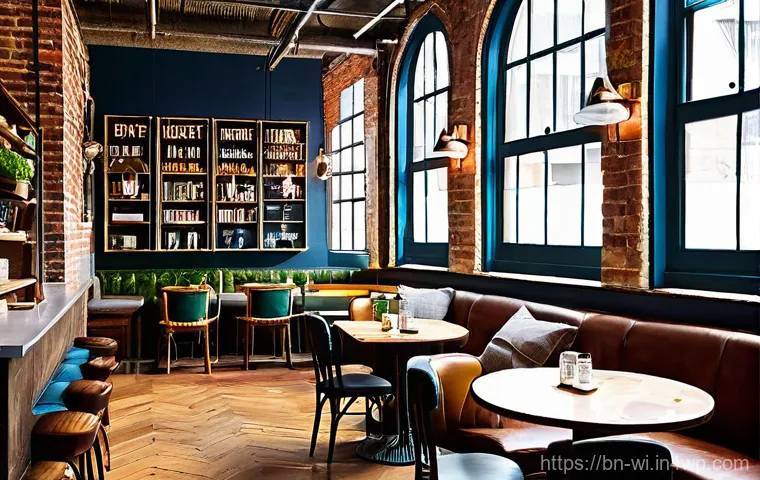 전환된 폐공간의 경제적 수익 모델 - **A vibrant, bustling thematic cafe set within a beautifully renovated old industrial warehouse.** T...