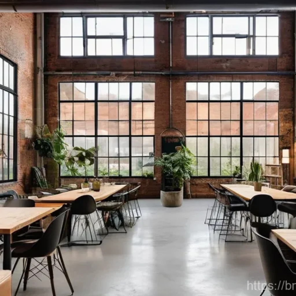 전환된 폐공간의 도시 재생 효과 - **Industrial Chic Cultural Hub**
    A wide-angle, brightly lit shot of a transformed abandoned fact...