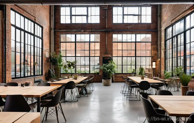 전환된 폐공간의 도시 재생 효과 - **Industrial Chic Cultural Hub**
    A wide-angle, brightly lit shot of a transformed abandoned fact...