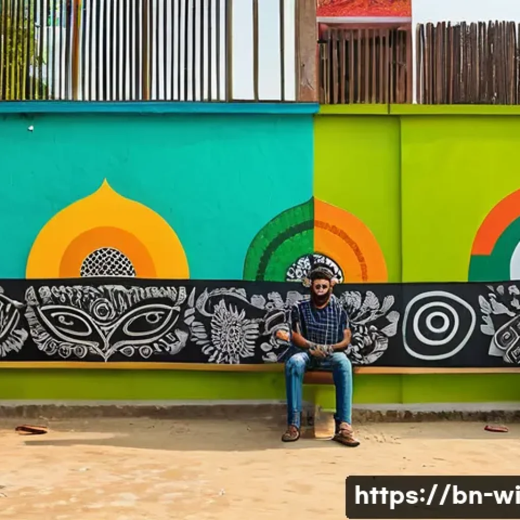 폐공간 활용을 위한 청소년 참여 방안 - A vibrant urban mural painted by local Bangladeshi youth on the wall of an empty city space, featuri...