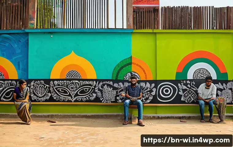 폐공간 활용을 위한 청소년 참여 방안 - A vibrant urban mural painted by local Bangladeshi youth on the wall of an empty city space, featuri...
