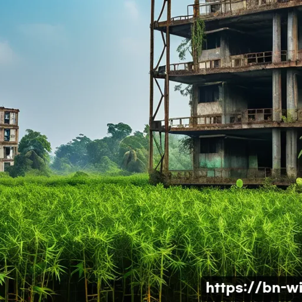 전환된 폐공간의 생태계 복원 사례 - An abandoned industrial area in Bangladesh transformed into a vibrant natural habitat, featuring lus...