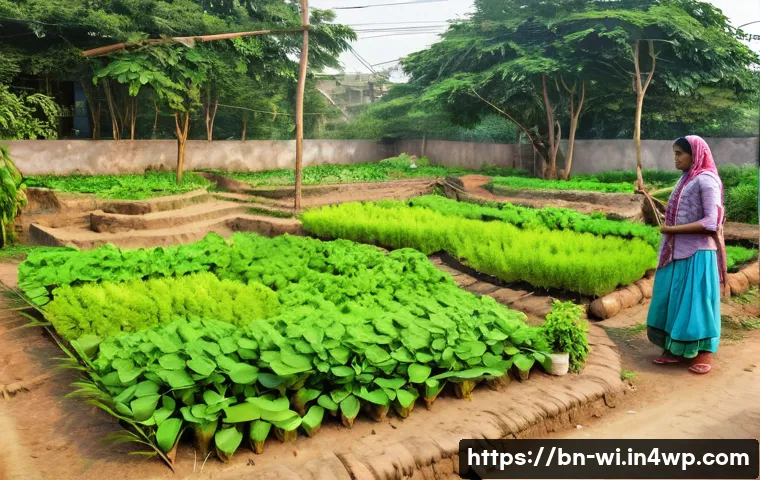 폐공간 생태적 전환의 기회와 위기 - A vibrant urban community garden in Dhaka with local Bengali people planting trees and tending to pl...