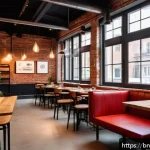 유럽의 폐공간 활성화 사례 분석 - A charming modern coffee shop inside a renovated old brick factory in Vienna, featuring exposed rust...