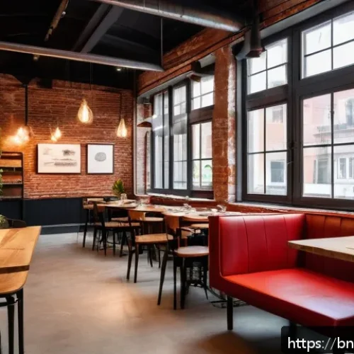 유럽의 폐공간 활성화 사례 분석 - A charming modern coffee shop inside a renovated old brick factory in Vienna, featuring exposed rust...