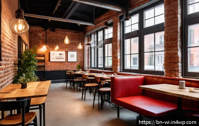 유럽의 폐공간 활성화 사례 분석 - A charming modern coffee shop inside a renovated old brick factory in Vienna, featuring exposed rust...