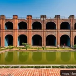 전환된 폐공간의 사용자 경험 분석 - A vibrant urban scene showing a restored historic industrial factory in Dhaka transformed into a mod...
