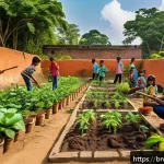 폐공간 생태적 전환의 교육적 가치 - A vibrant community garden scene in an urban unused lot in Bangladesh, featuring local children wear...