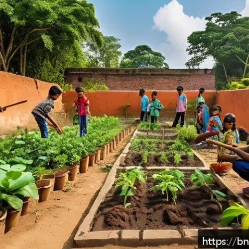 폐공간 생태적 전환의 교육적 가치 - A vibrant community garden scene in an urban unused lot in Bangladesh, featuring local children wear...