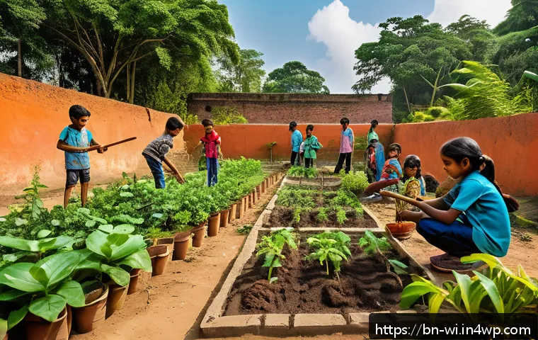 폐공간 생태적 전환의 교육적 가치 - A vibrant community garden scene in an urban unused lot in Bangladesh, featuring local children wear...
