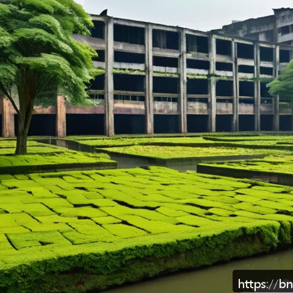 공장 폐공간의 생태적 전환 사례 - An urban renewal scene depicting a formerly abandoned industrial factory area transformed into a lus...