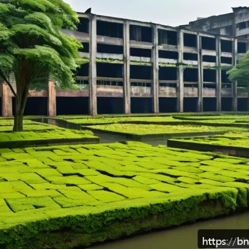 공장 폐공간의 생태적 전환 사례 - An urban renewal scene depicting a formerly abandoned industrial factory area transformed into a lus...