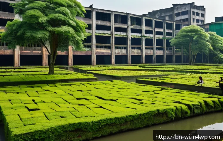 공장 폐공간의 생태적 전환 사례 - An urban renewal scene depicting a formerly abandoned industrial factory area transformed into a lus...